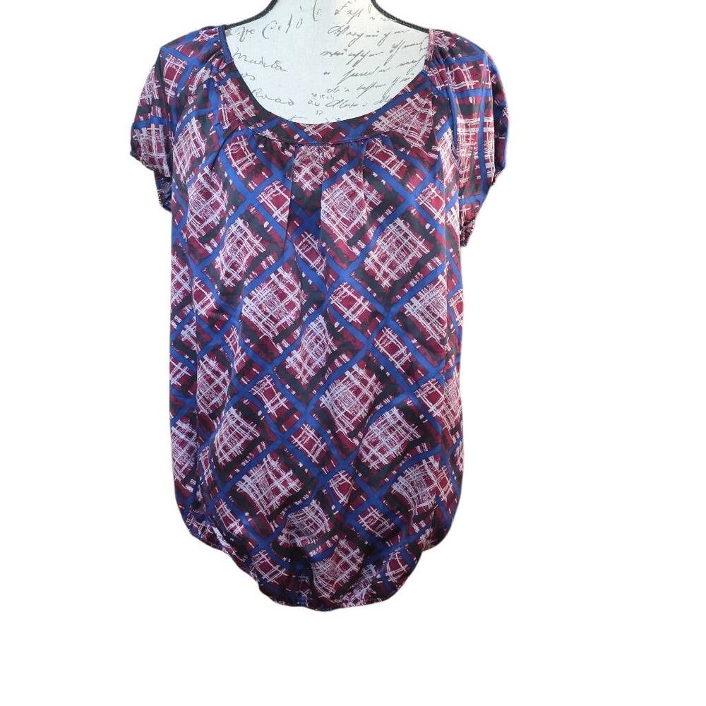 Duo Maternity Women's Size Large Maroon Blue Check Geo Pattern Satin Blouse